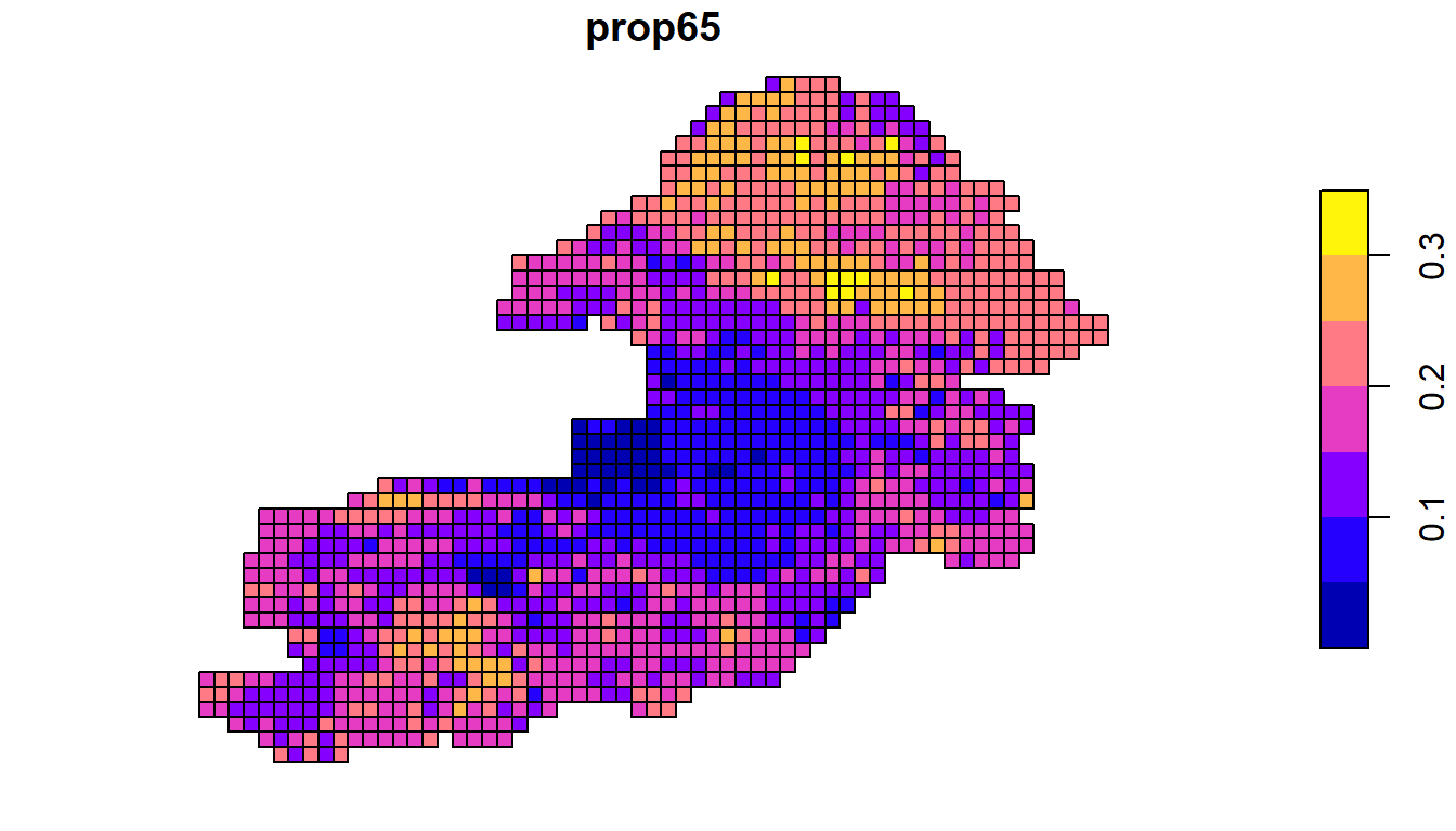 Color coded grid showing proportion of population over 65 imposed on map