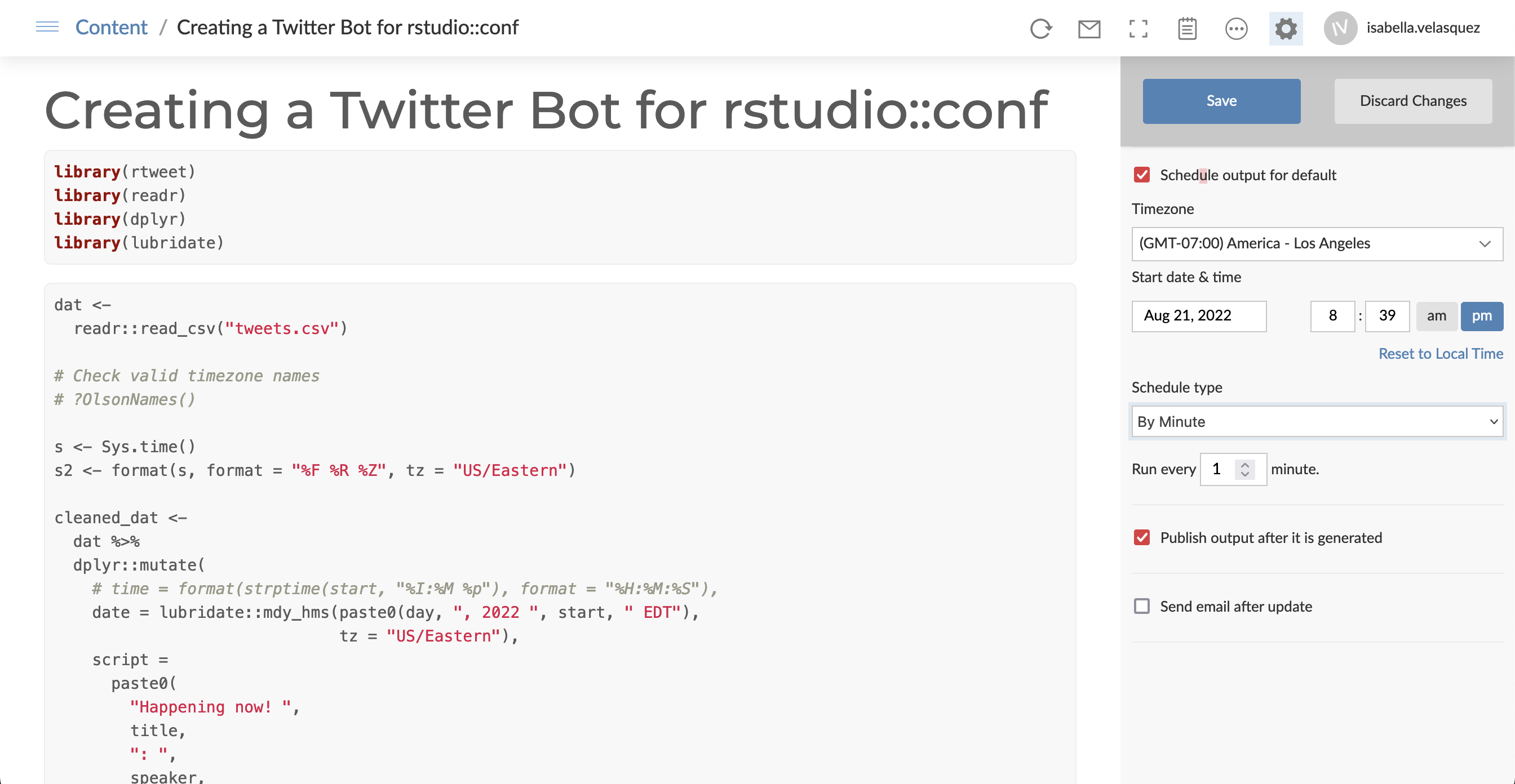 RStudio Connect deployed R Markdown document with scheduling options listed on the side. The document is set to rerun every 1 minute.